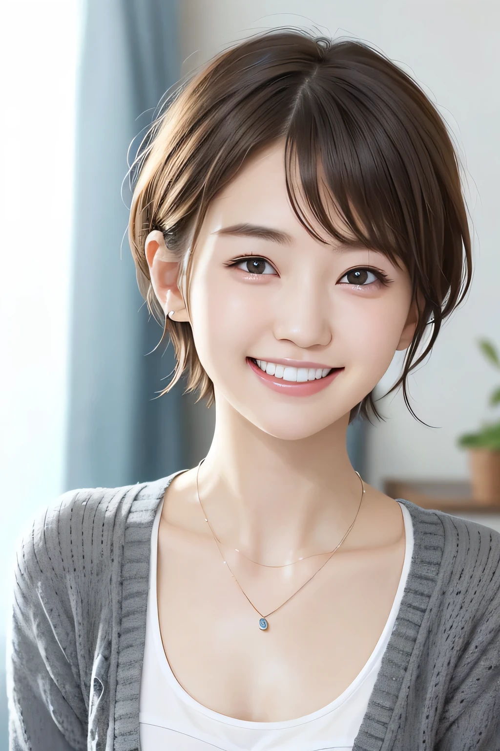 205 ((short hair)), 20-year-old female, In underwear、cardigan、Open your mouth、smile、Beautiful teeth alignment、Black Hair、ear piercing、Necklace around the neck、Looking into the camera, Waiting for the start