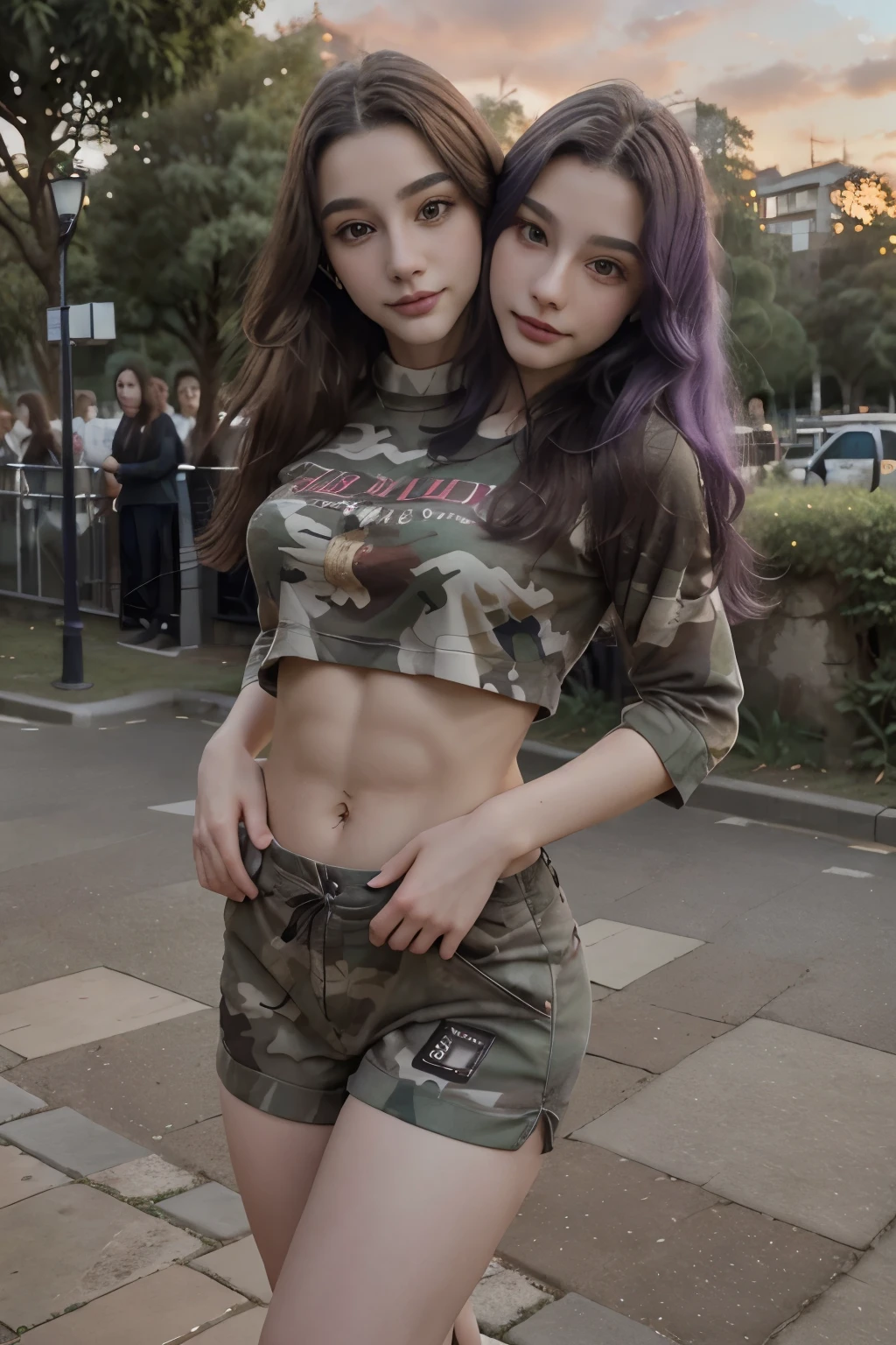 ((Masterpiece)), (Best quality), (perfect face), tarankaaa, (highly detailed face), (highly detailed eyes) 1 lady, (((Kotomi))), blueish purple hair, full body, long hair, pretty eyes, solid pupils, urban landscape background, (slight smile), (official art, extremely detailed, intricate details), photography, standing outside a huge cathedral (focus on background instead of girl), extremely gorgeous, big woman, woman in good shape, strong abs, strong core, six pack abs, 30 years old woman, reddish sunset, m65 woodland camo shirt, good looking booty, good looking legs, very hot woman, sexy pose, conjoined_dicephalus, (two heads:1.2)