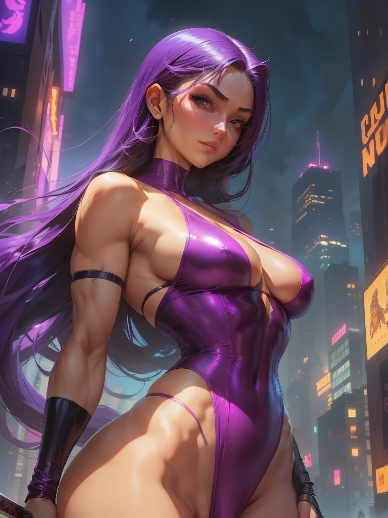 (((COMIC STYLE, CARTOON ART))). A comic-style image of Psylocke, with her as the central figure. She is standing, ((with her hands holding two katanas)). She wears a purple and pink costume, with a purple and pink mask. She has long, straight purple hair, purple eyes, and red lips. (((Hot body, sexy, sensual, camel toes))), She is surrounded by a night city, with skyscrapers, bridges and lights. She has a determined and confident expression, as if she is ready to fight crime.