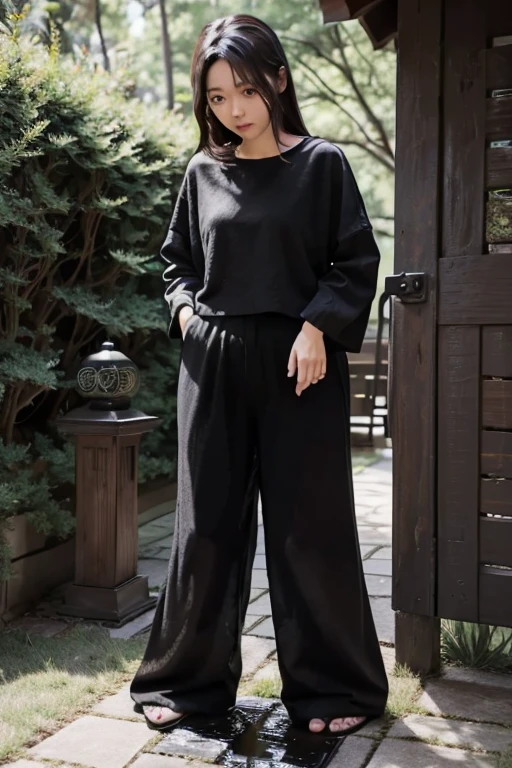 Japanese Girl sees the ghost and pees her black palazzo pants until her pants are wet in fright.