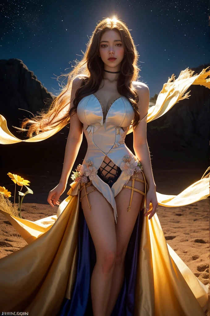 (Beautiful female sand goddess adorned in the movies, Golden Dress, Shiny gold tattoos), (Galactic Shaman with Quantum Energy Fantasy), Fantasy Magic, Long Hairstyles, Dark and clear night, Complex, Mysterious, Sharp focus, figure, Very detailed, Digital Painting, Conceptual Art, with, (An illustration：Wlop), (Par Justin Gerard et Jason Edmiston: 1.5), (Per Greg Rutkowski: 0.4), (by Alphonse Mucha: 0.4), masterpiece