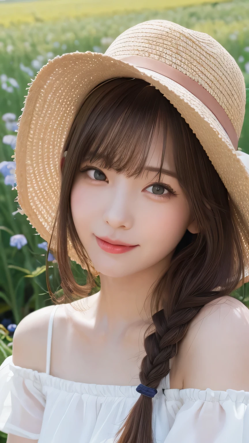 top-quality,fullbody shot,,super high resolution,(Realistic:1.4),Raw photography,
highest quality、masterpiece、超A high resolution、(Photorealistic:1.4)、RAW Photos、1 girl、White Dress、Off the shoulder、Flower Field、Glowing Skin、A light smile、Braided hair、Floating Hair、Rape flower field、Backwards、Backwards , Straw hat , huge shy smile , Puffing out her cheeks and getting cutely angry , big eyes , heart-shaped pupils , blush , pout