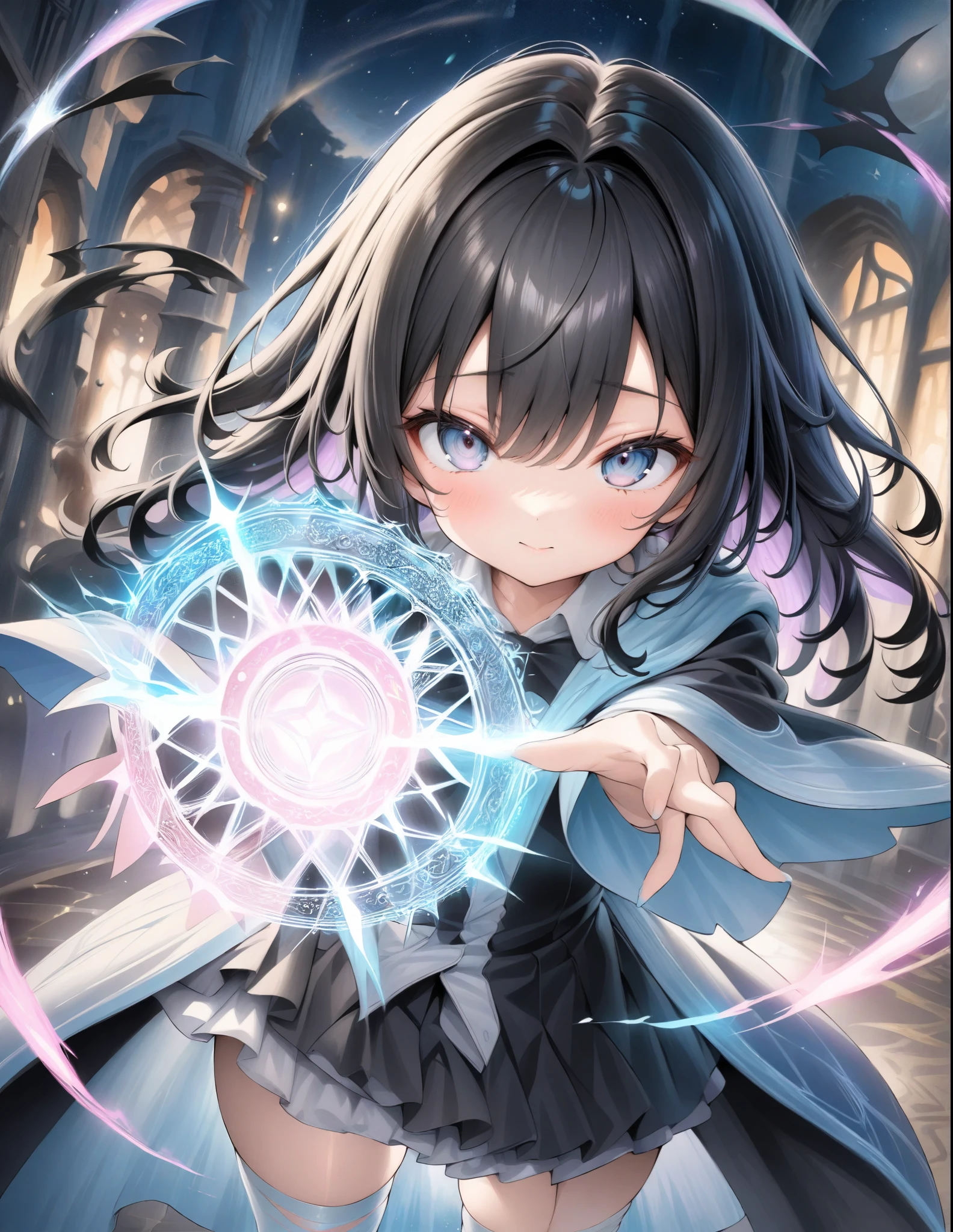((style:Colored pencil,pale colour)),(anime)、(masterpiece:1.2),atmospheric perspective,lens flare、Otherworldly fantasy、Wizard Girl、magic circle、Beautiful effects、cute、With a wand in one hand、Cast a spell in front、A spectacular and devastating work、((Magical effect))、Light effects、Black Hair、Slanted Eyes