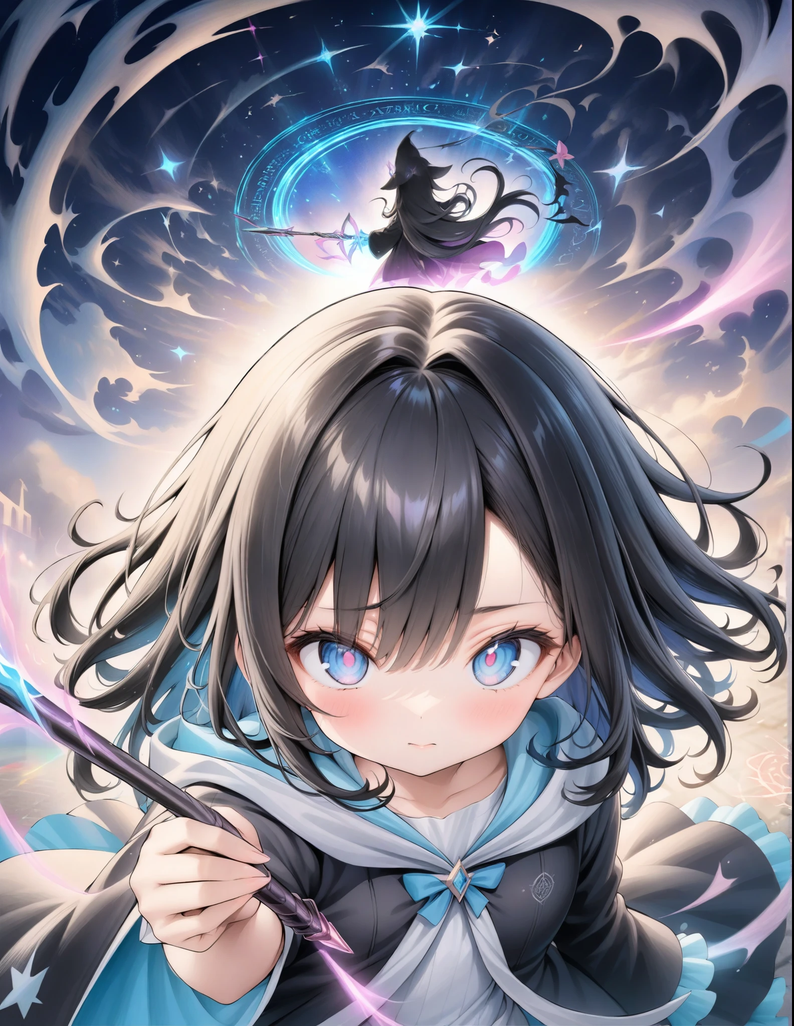 ((style:Colored pencil,pale colour)),(anime)、(masterpiece:1.2),atmospheric perspective,lens flare、Otherworldly fantasy、Wizard Girl、magic circle、Beautiful effects、cute、With a wand in one hand、Cast a spell in front、A spectacular and devastating work、((Magical effect))、Light effects、Black Hair、Slanted Eyes
