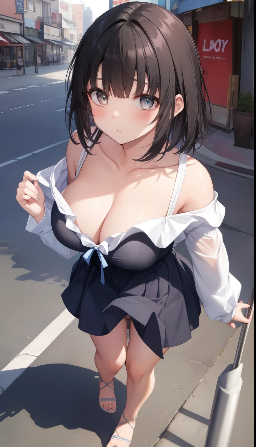 Slightly sideways and below view、Embarrassed、Big breasts,、タイトなNipplesとブラ、NUDE,Black Hair、Pretty blue hair ribbon 、Beautiful girl girl、Clear skies、面積の小さい白いpantiesとNippleature woman、Leaning forward、Leaning forward to highlight cleavage、白いNipplesとpanties姿の女の子、Nipples