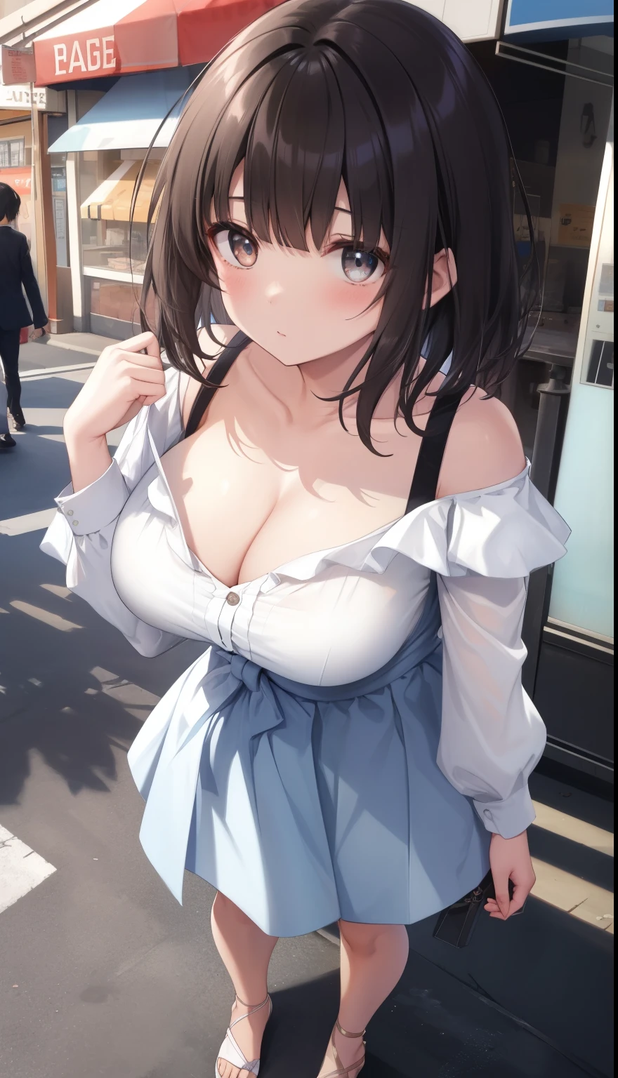 One Girl、positive、Standing posture、Full body portrait、Black Hair、Medium Haircut、blush、Absolute area、No panties、No bra、barefoot、Light blue dress、Off-the-shoulder dress、（Very large breasts）、Cleavage、((Lesbians around the world))、masterpiece、（highest quality） 、Shirt buttons fly off、Unbutton your shirt、Exposing the breasts、In town、Date、Shopping Street、White Sandals、Detailed female genital shape