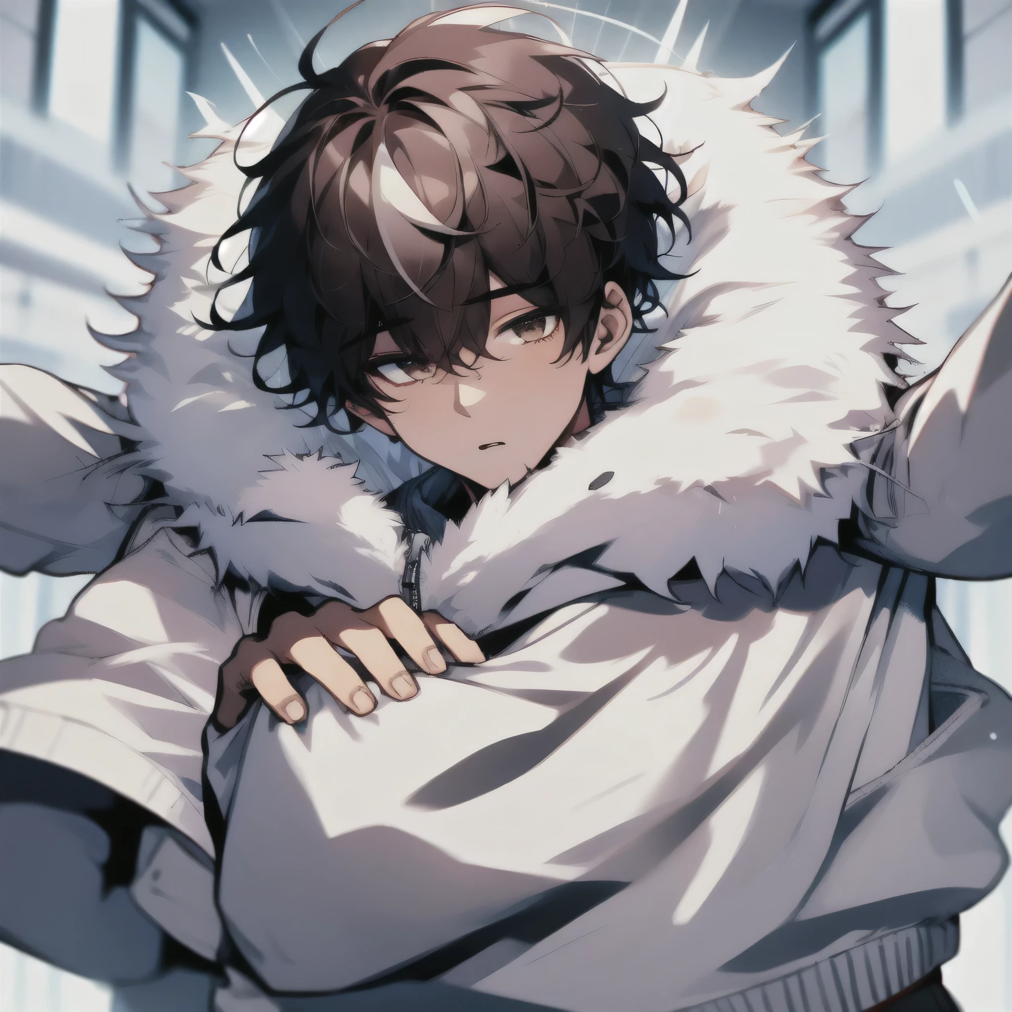 1boy, fluffy hair, white jacket, ager,