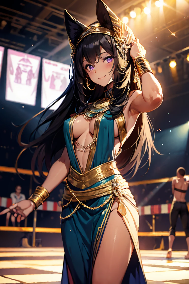 A girl black egyptian dancer&#39;s clothing black skin purple eyes blushing smile standing alone on the stage, Super big breasts, breast enlargement, full-body shot, looking at the camera