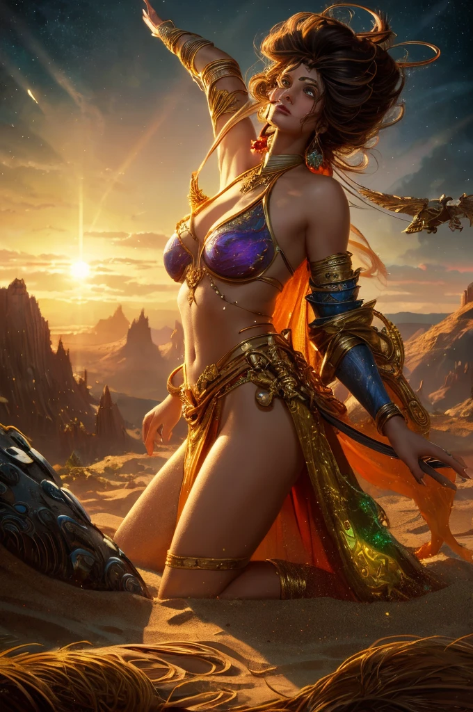 (Beautiful female sand goddess adorned in the movies, Golden Dress, Shiny gold tattoos), (Galactic Shaman with Quantum Energy Fantasy), Fantasy Magic, Long Hairstyles, Dark and clear night, Complex, Mysterious, Sharp focus, figure, Very detailed, Digital Painting, Conceptual Art, with, (An illustration:Wlop), (Par Justin Gerard et Jason Edmiston: 1.5), (Per Greg Rutkowski: 0.4), (by Alphonse Mucha: 0.4), masterpiece