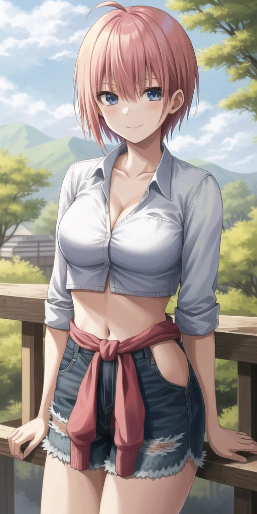 2d, masterpiece, best quality, anime, highly detailed, 1girl, solo, cowboy shot, nakano ichika, pink hair, short hair, cardigan around waist,White crop top, cleavage,Denim shorts, medium breasts, standing, outdoors, smile