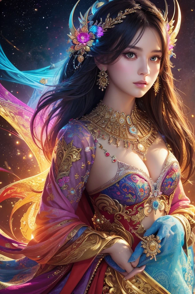(masterpiece,Top Quality,highest quality,Official Art,Beauty and aesthetics:1.2),(One girl),Very detailed,(Fractal Art:1.3),Very colorful,Most detailed,God's Girl,Blue colored eyes。WARCRAFT,Cosmos,Star Cloud