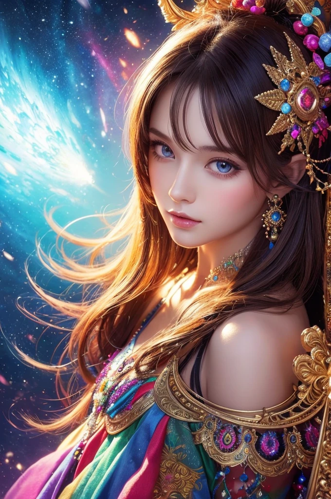 (masterpiece,Top Quality,highest quality,Official Art,Beauty and aesthetics:1.2),(One girl),Very detailed,(Fractal Art:1.3),Very colorful,Most detailed,God's Girl,Blue colored eyes。WARCRAFT,Cosmos,Star Cloud