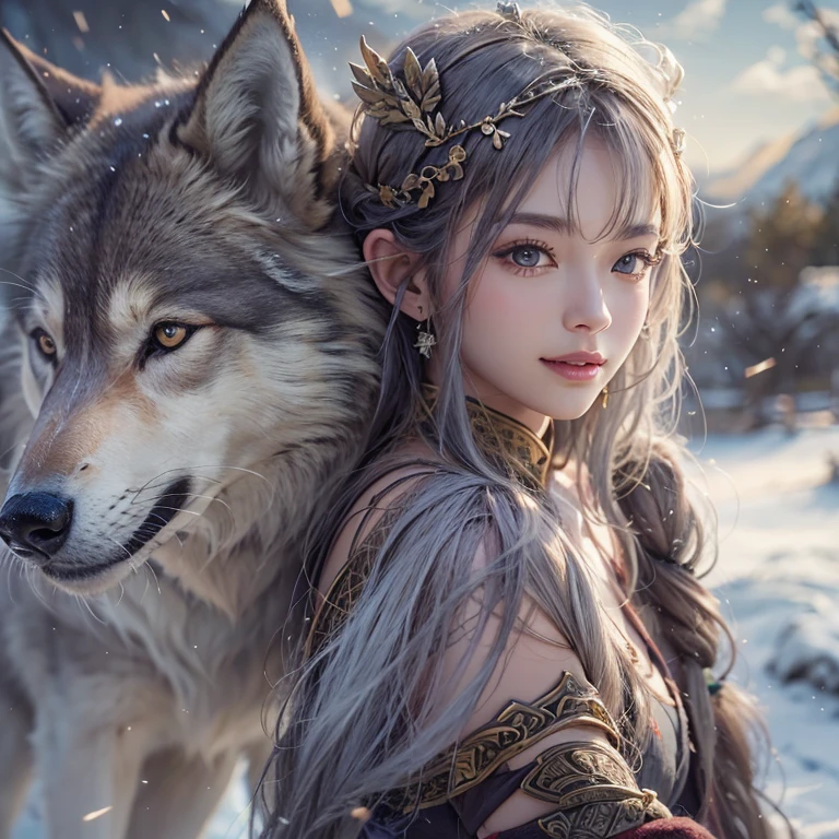 Lakeside surrounded by snowy mountains、Hair flow、 ((highest quality、masterpiece、8k、Best image quality、Ultra-high resolution、Award-winning works)、(Accurate anatomy:1.1)、(Look at me and smile:1.1)、Shining fair skin with Ultra-high resolution、The most detailed face、Ultra-high resolution detailed face、Ultra-high resolutionの髪の毛、(Ultra-high resolutionの煌めく瞳:1.1)、Beautiful face drawn in every detail、Ancient Viking clothing, Chest to chest, tattoo, A real wolf is by your side