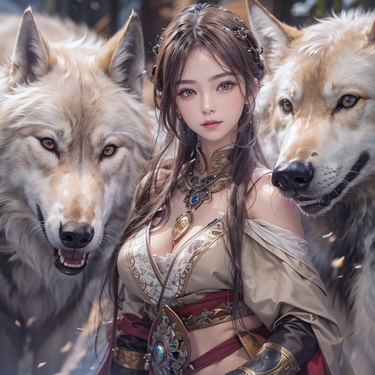 Lakeside surrounded by snowy mountains、Hair flow、 ((highest quality、masterpiece、8k、Best image quality、Ultra-high resolution、Award-winning works)、(Accurate anatomy:1.1)、(Look at me and smile:1.1)、Shining fair skin with Ultra-high resolution、The most detailed face、Ultra-high resolution detailed face、Ultra-high resolutionの髪の毛、(Ultra-high resolutionの煌めく瞳:1.1)、Beautiful face drawn in every detail、Ancient Viking clothing, Chest to chest, tattoo, A real wolf is by your side