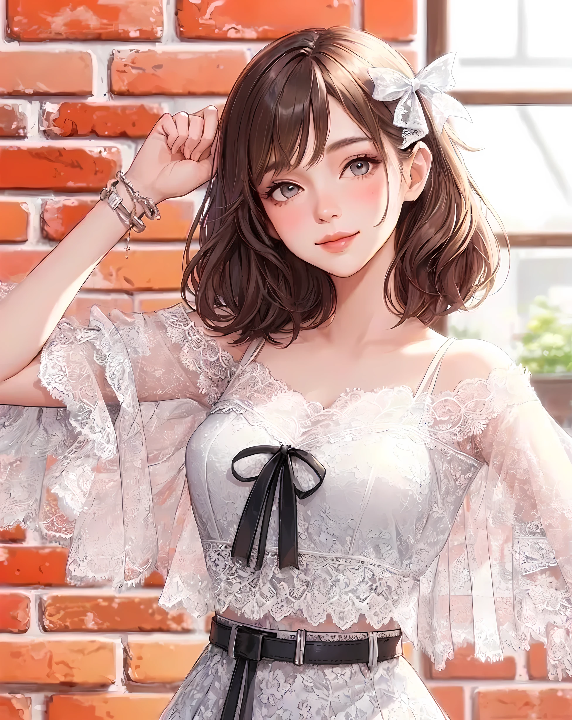 1lady standing, fashion model, (stylish outfit), (chic attire), (white lace:1.1), mature female, /(brown hair/) bangs, ribbon, blush kind smile, (masterpiece best quality:1.2) delicate illustration ultra-detailed, large breasts BREAK (red bricks wall) outdoors, camera, cameraman, detailed background
