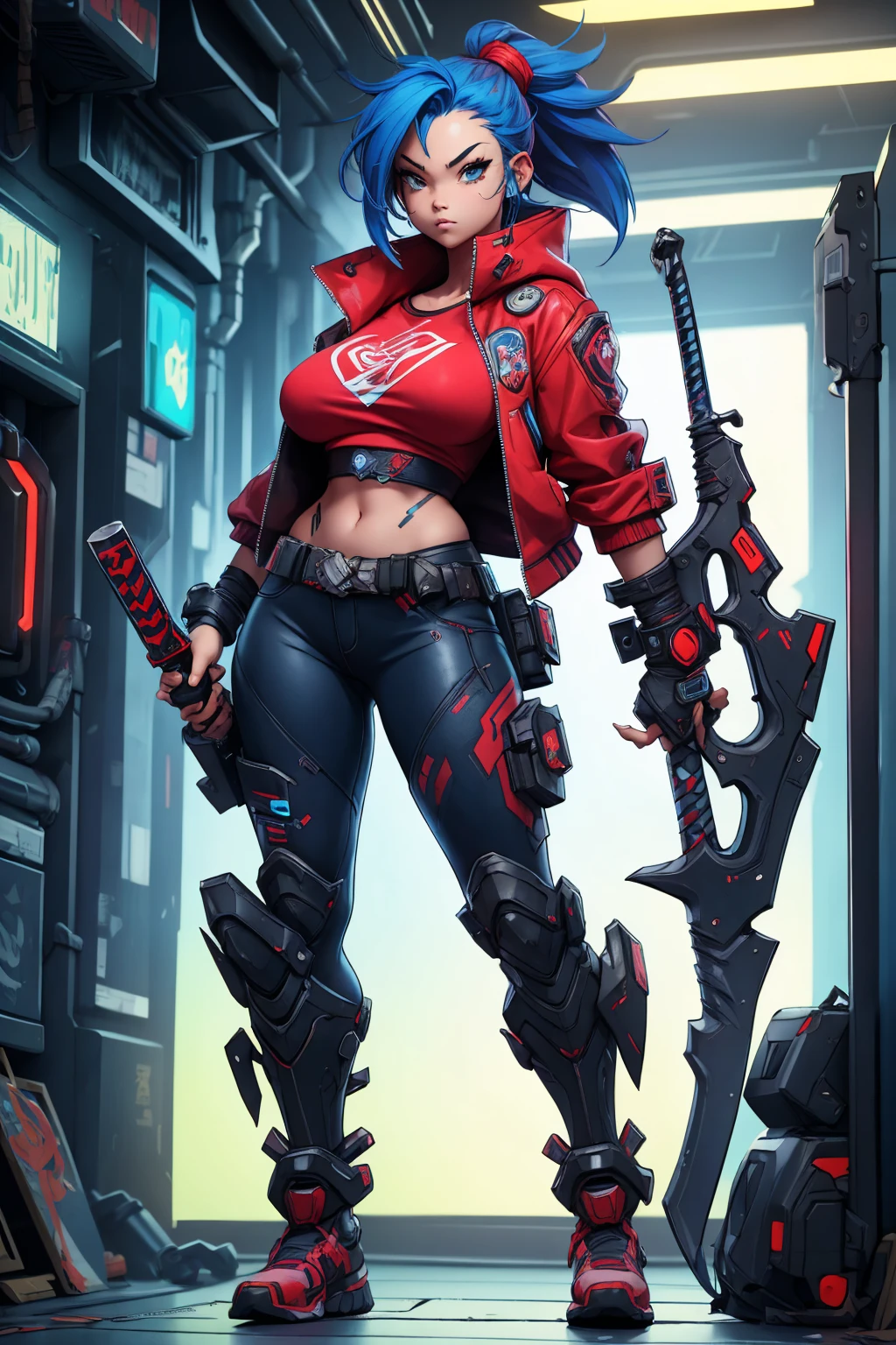 a girl Wearing a power fist on the right hand Holding a cyberpunk sword in his right hand red blue punk head big breasts cyberpunk shirt jacket Standing alone in a corner of the sci-fi city Japanese anime style role conception
