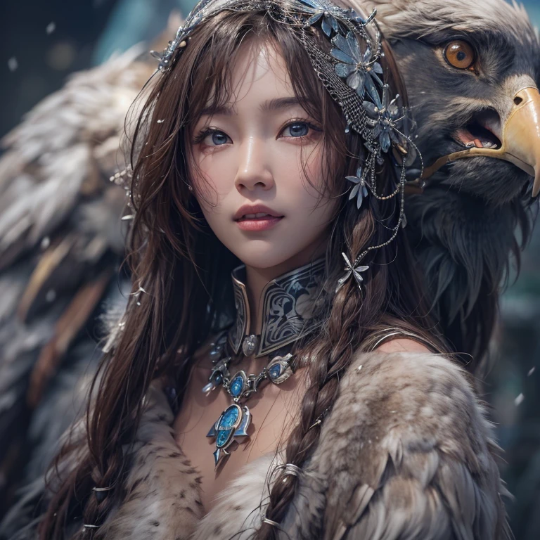 Hiding in the snowy mountains、Hair flow、 ((highest quality、masterpiece、8k、Best image quality、Ultra-high resolution、Award-winning works)、(Accurate anatomy:1.1)、(Look at me and smile:1.1)、Shining fair skin with Ultra-high resolution、The most detailed face、Ultra-high resolution detailed face、Ultra-high resolutionの髪の毛、(Ultra-high resolutionの煌めく瞳:1.1)、Beautiful face drawn in every detail、(Blurred Background:1.1)、Ancient Inuit clothing, Chest to chest, tattoo, Old ruins in the background、Apart from the real giant eagle
