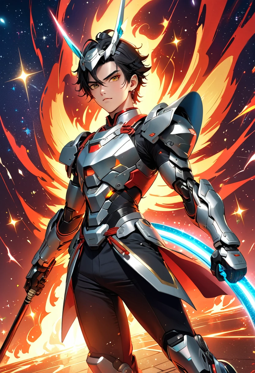 (masterpiece, best quality:1.1),
(ultra highres, ultra-detailed:1.2) ,handsome boy, 15yo,((Burning Roller Blades)),Black hair,Silver headgear,Red Doshi,chinese clothes,has a shining hula hoop and a blazing spear,yellow loin,large mecha-arm,anger,red aura,divine,beautiful effects,Alluring,Background:chinese Wulingyuan,dynamic pose,(Glitter:1.5) ,(sparkle:1.5) ,