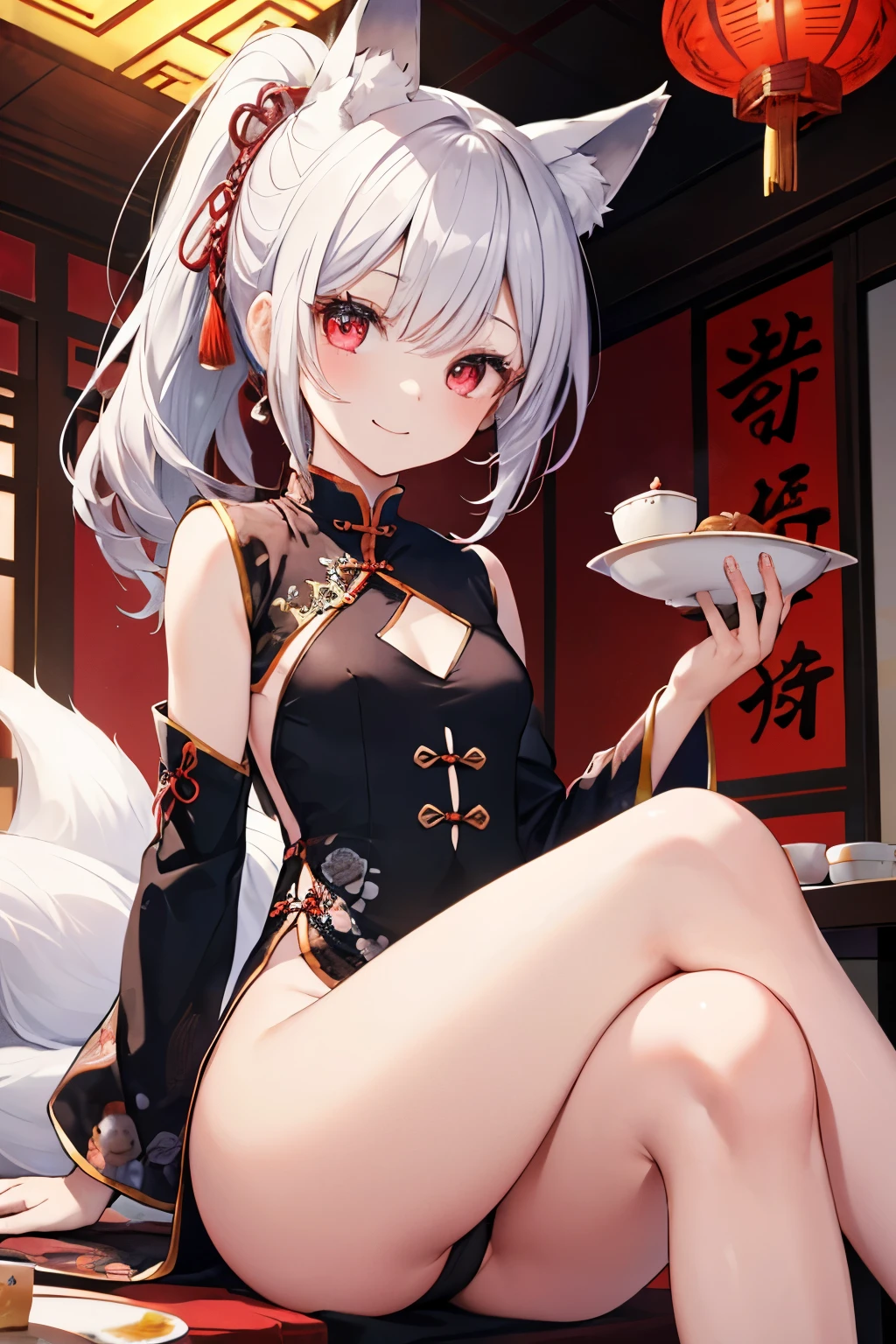 Silver Hair、Red Eye、Fox ears、girl、Small breasts、ponytail、girl、Small breasts、Lolita、Bright smile、Looks about 、Petan Musume、short、目のhighlight、Sexy thighs、Wearing china clothes、Chinese restaurant、Your eyes are so beautiful、highlight