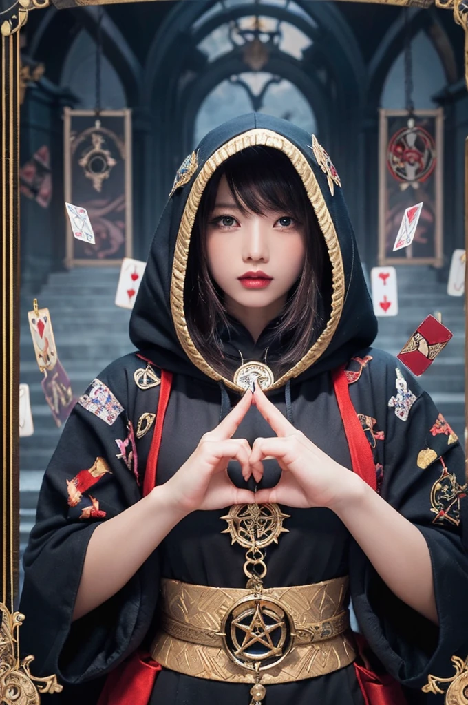 Onmyoji,Metal Photo Frame,card,tarot cards:1.37.A mysterious hooded fortune teller,Finger taps an array of tarot cards in the air,Mystical symbols and elements,Ancient and mysterious atmosphere,Realistic illustrations,Attention to detail,Vibrant and energetic composition,Dark Style,Gothic style
