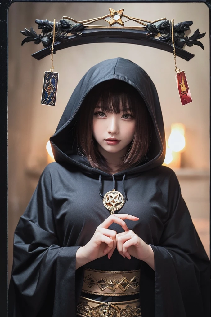 Onmyoji，Metal Photo Frame，card，tarot cards：1.37.A mysterious hooded fortune teller，Finger taps an array of tarot cards in the air，Mystical symbols and elements，Ancient and mysterious atmosphere，Realistic illustrations，Attention to detail，Vibrant and energetic composition，Dark Style，Gothic style