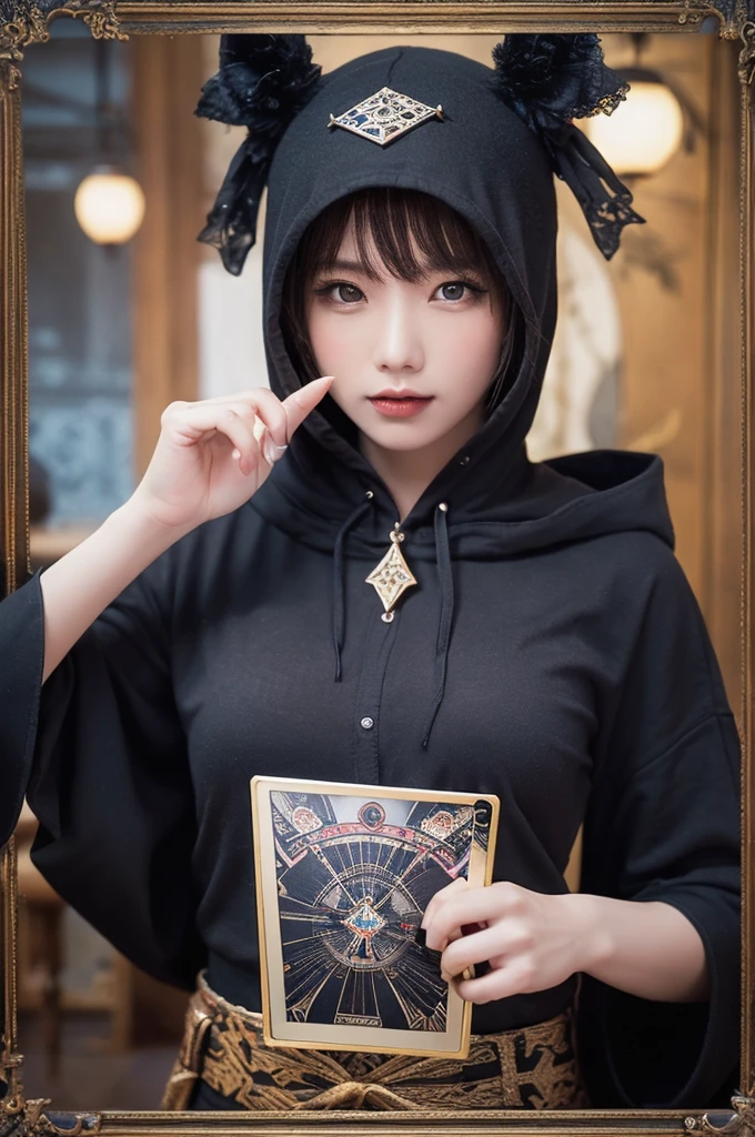 Onmyoji，Metal Photo Frame，card，tarot cards：1.37.A mysterious hooded fortune teller，Finger taps an array of tarot cards in the air，Mystical symbols and elements，Ancient and mysterious atmosphere，Realistic illustrations，Attention to detail，Vibrant and energetic composition，Dark Style，Gothic style