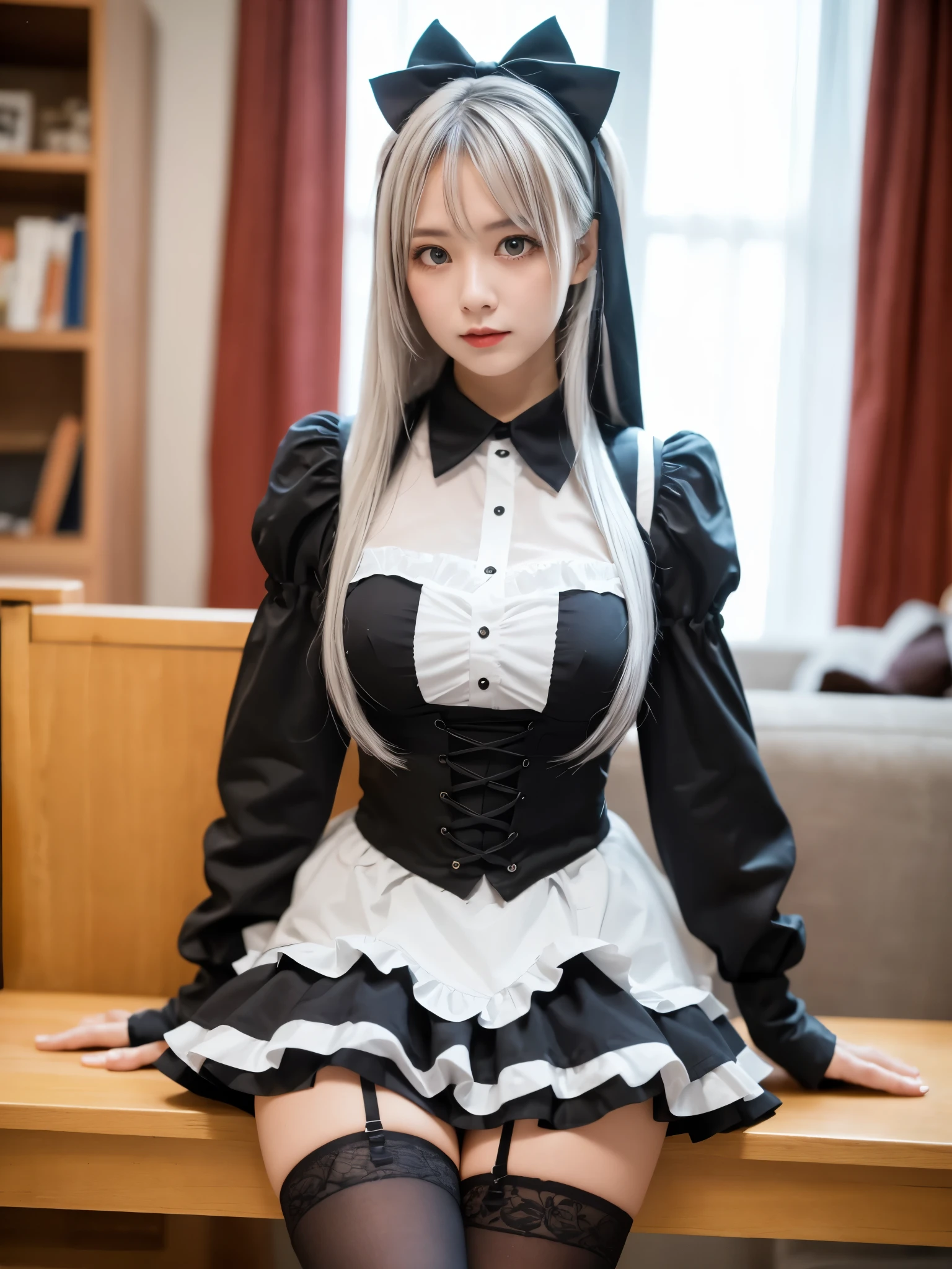 (((masterpiece))), (((highest quality: 1.4))), ((Super detailed: 1.4)) , ulzzang-6500-v1.1, (RAW Photos:1.2), (Realistic), (See-through:1.3), (masterpiece), (Mastepiece). (Genuine:1.4), Very detailed, Sharp focus, Tensura:Luminous Valentine、One beautiful woman, ((Beautiful and shiny silver hair))、Fine grain、Detailed face、(Heterochromia iridis:1.4, Red Eye, blue eyes,), Gothic Lolita Maid Clothing、Knee-high stockings、