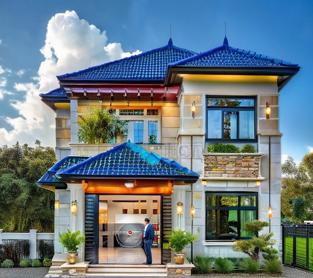 ((( exterior house :1.3 ))), contemporary style, white wall, STONE wall, GREY STEEL AND GLASS door window, (realistic:1.1), Masterpiece, high quality, best quality, authentic, super detail, outdoors,road,pavement, grass, trees, sky, cloud, (daylight:1.3), BLUE ROOF
