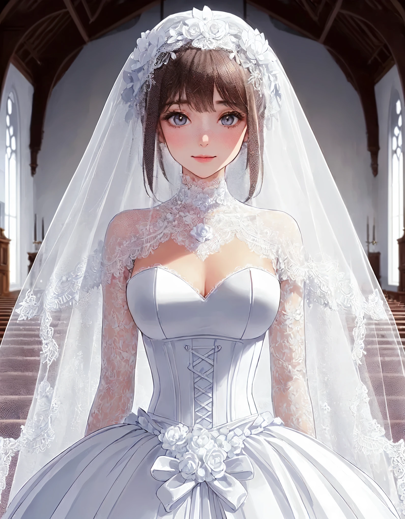 1lady standing, (looking at viewers), (pure white wedding dress) chic, (white head veil), (white lace:1.1), mature female, /(light brown hair/) bangs, blush kind smile, (masterpiece best quality:1.2) delicate illustration ultra-detailed, large breasts BREAK (face covered by white veil), ((veil adorned with white lace:1.1) in front of face) BREAK (stylish bridal church) indoors, luxury hall, detailed background