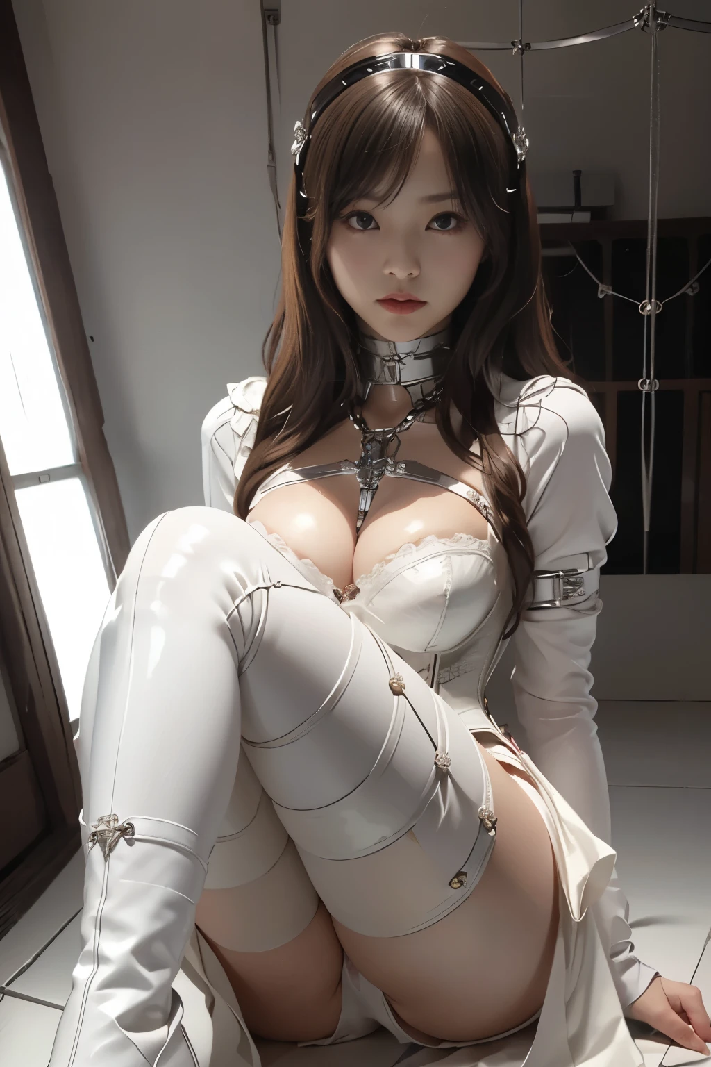 Japanese girl,23 years old、Front view、the whole body is upright、Short brown hair、 looking at the camera、double eyelid、Sparkling Eyes、smile、Sexy lips、Perfect Ass、 ((White corset、White underwear、Transparent Panty House、Long White Leather Boots)), Small breasts 、(((Cybernetics and bondage fashion come together))),(highest quality、Canon RAW Photography、8 K、Kodachrome、masterpiece、Ultra-high resolution)