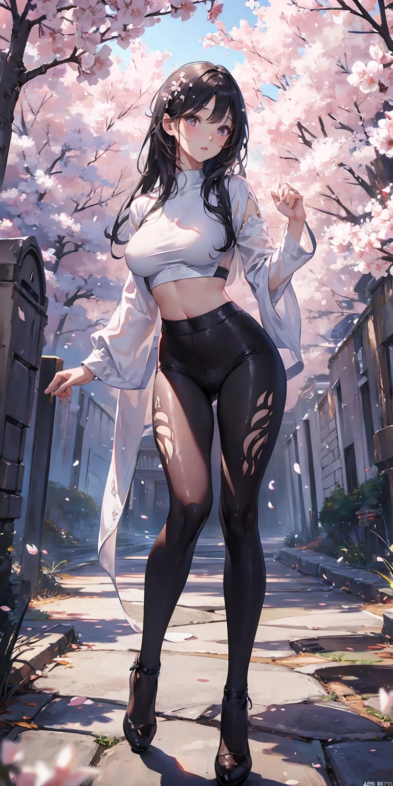 best quality, masterpiece, illustration, (realistic, photo-realistic:1.37), amazing, finely detail, incredibly absurdres, huge filesize, ultra-detailed, highres, extremely detailed CG unity 8k wallpaper, ray tracing, nsfw, nude, covered nipples, very huge breasts 1girl, A beautiful young woman with Korean-style facial features resembling a popular actress stands in front of a cherry blossom tree. She is wearing a cropped white shirt that reveals her midriff. The shirt is skin-tight and hugs her curves. She is also wearing a white bodystocking high yoga tight yoga pants that covers her legs and feet. The bodystocking is also skin-tight .