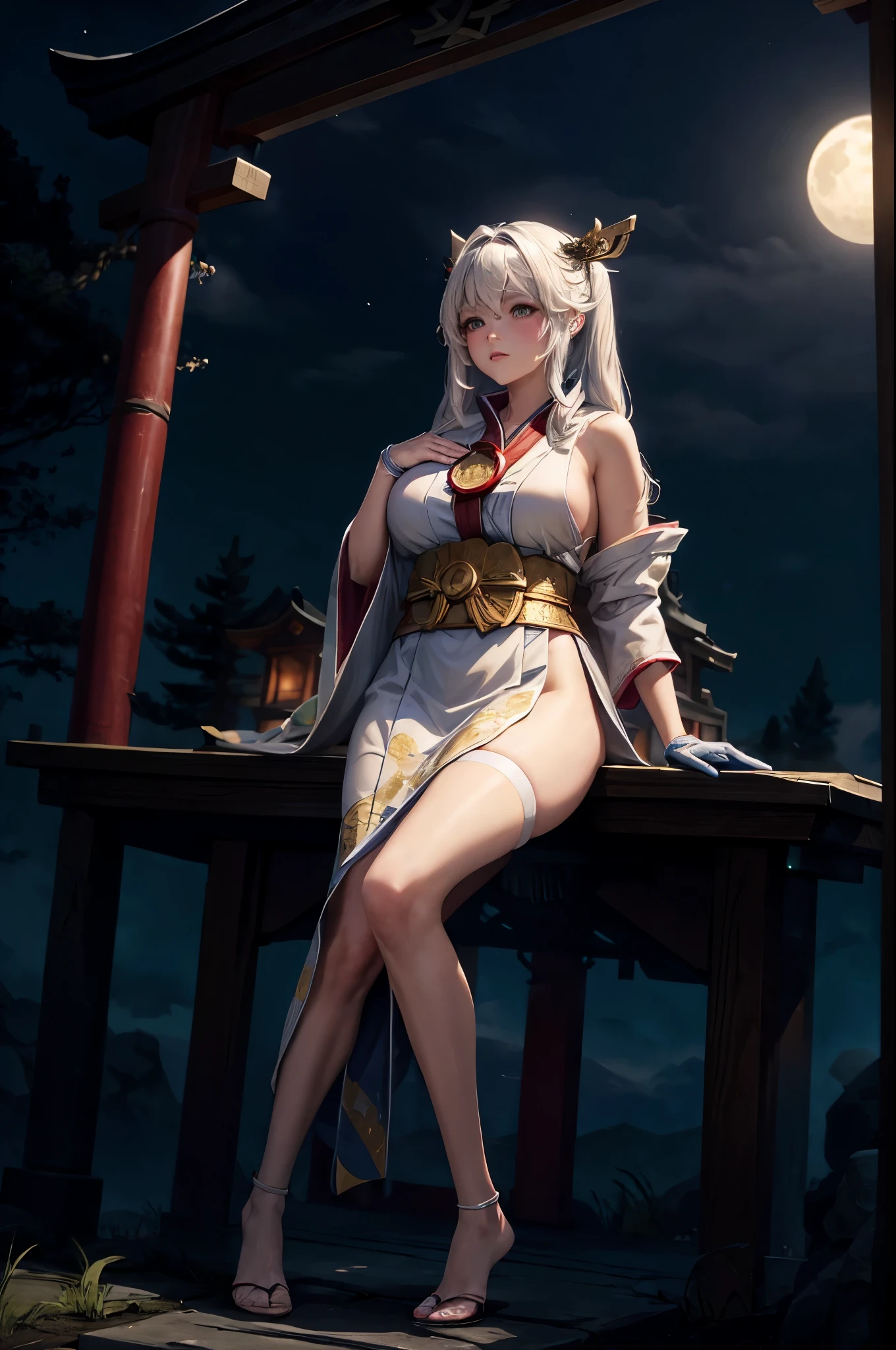 a beautiful girl, Beautiful face, Beautiful body, Plump, ((shrine maiden)), Priestess clothing, white hair, gloves, long hair, hair decoration, full body visible, Japanese Shrine, torii gate, Lamp, wide angle, Light moon, 12k, accurate, anatomically correct, textured skin, high detail, best quality