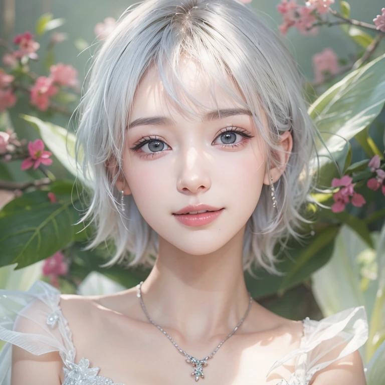 (masterpiece:1.3), (8k, Realistic, RAW Photos, Best image quality: 1.4), Fair-skinned fairy woman、short hair、Cleavage:2.0、Highly detailed face、Attention to detail、double eyelid、Sharp focus:1.2、Beautiful woman:1.4、Silvery white hair、highest quality、masterpiece、Ultra-high resolution、(Realistic:1.4)、Highly detailed and professionally lit smiles、Loose, Light,Japanese high 、 one person、whole body,　I eat breakfast 