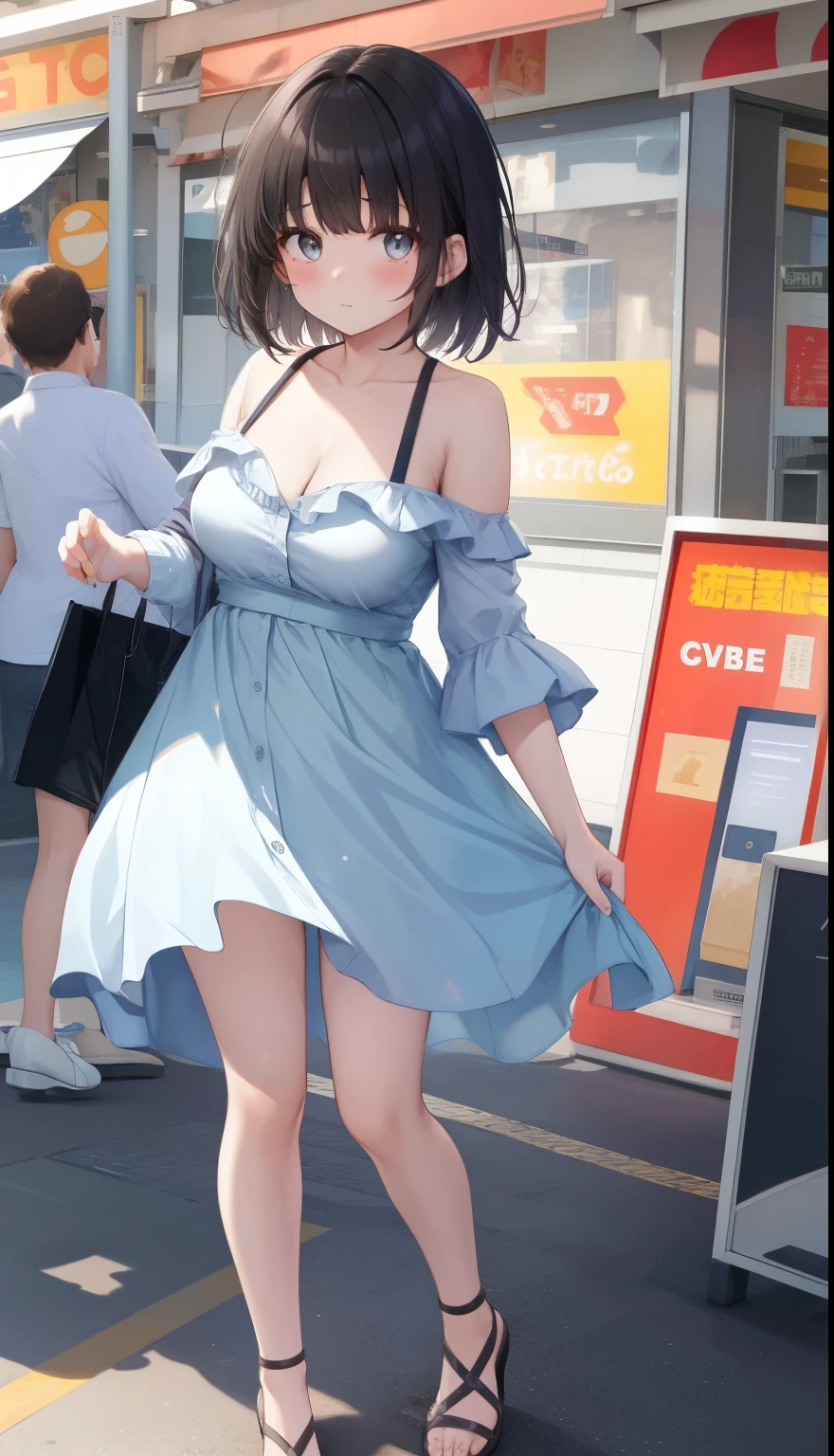 One Girl、positive、Standing posture、Full body portrait、Black Hair、Medium Haircut、blush、Absolute area、No panties、No bra、barefoot、Light blue dress、Off-the-shoulder dress、（Very large breasts）、Cleavage、((Lesbians around the world))、masterpiece、（highest quality） 、Shirt buttons fly off、Unbutton your shirt、Exposing the breasts、In town、Date、Shopping Street、White Sandals、Detailed female genital shape