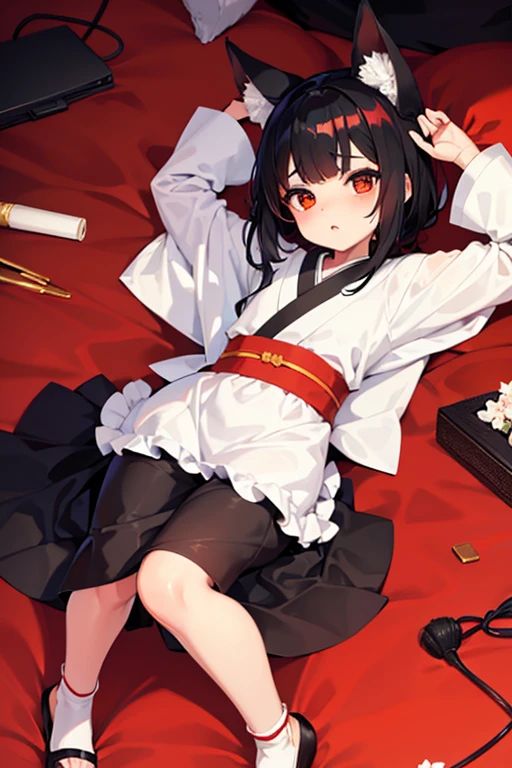 Chica gato, pelo negro y corto,ojos rojos, kimono blanco y rojo es timida y hermosa