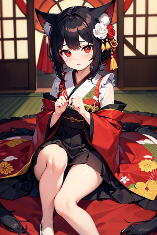 Chica gato, pelo negro y corto,ojos rojos, kimono blanco y rojo es timida y hermosa