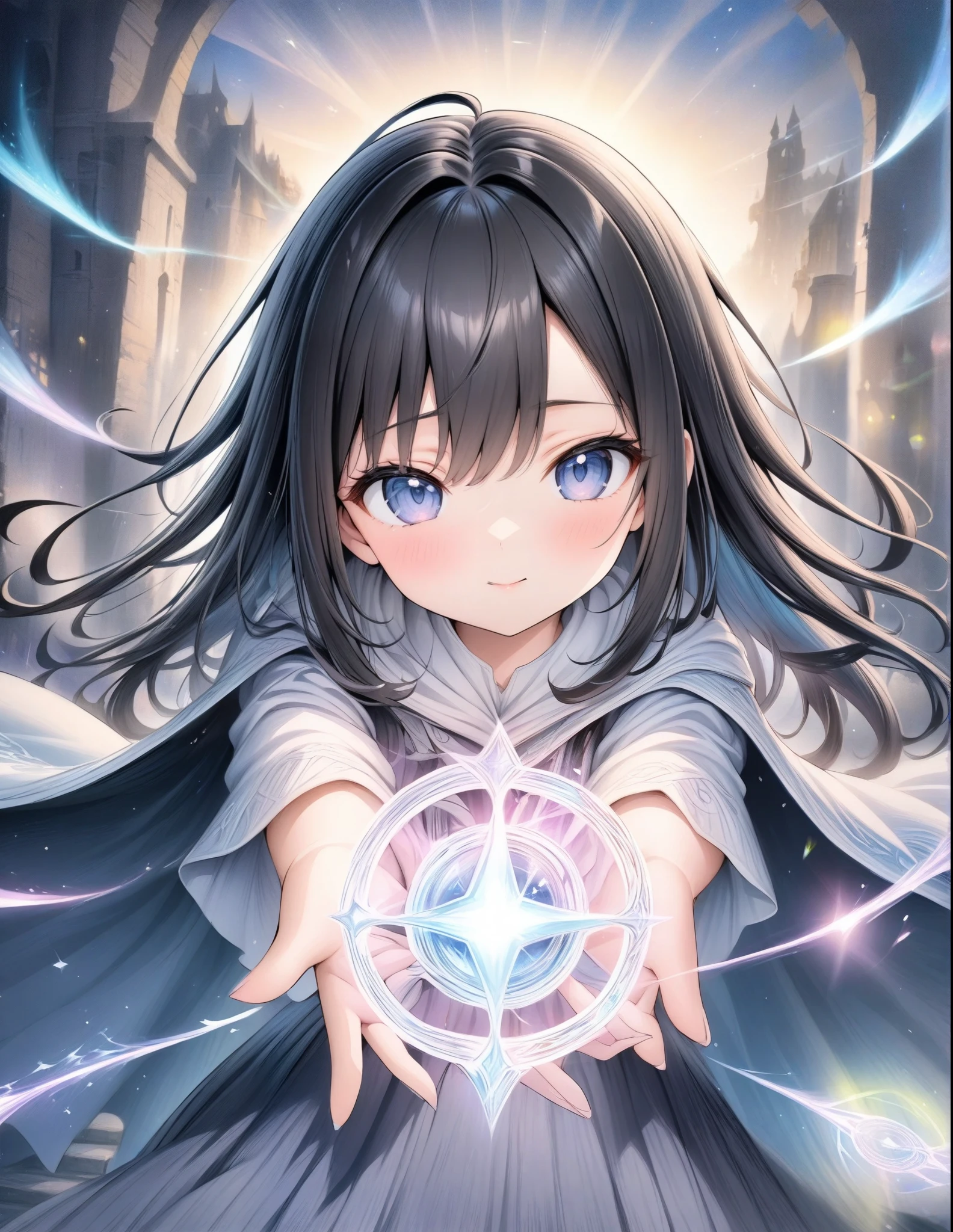 ((style:Colored pencil,pale colour)),(anime)、(masterpiece:1.2),atmospheric perspective,lens flare、Otherworldly fantasy、Wizard Girl、magic circle、Beautiful effects、cute、With a wand in one hand、Cast a spell in front、A magnificent work、((Magical effect))、(Light effects)、Black Hair、Slanted Eyes