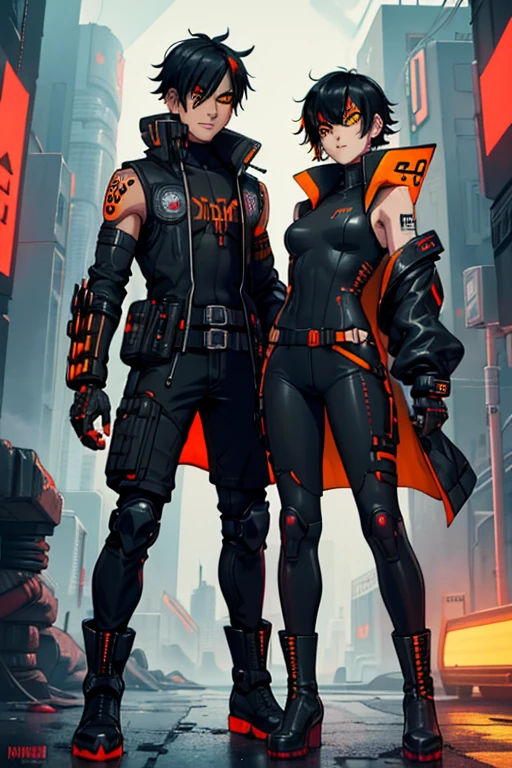 male, orange eyes, black hair, tan skin, (((1boy))), (((black cyberpunk bodysuit with yellow trim))), (orange sleeveless coat), (red cyberpunk helm), (black cybernetic gauntlets), (black boots), (black belt), long legs, young