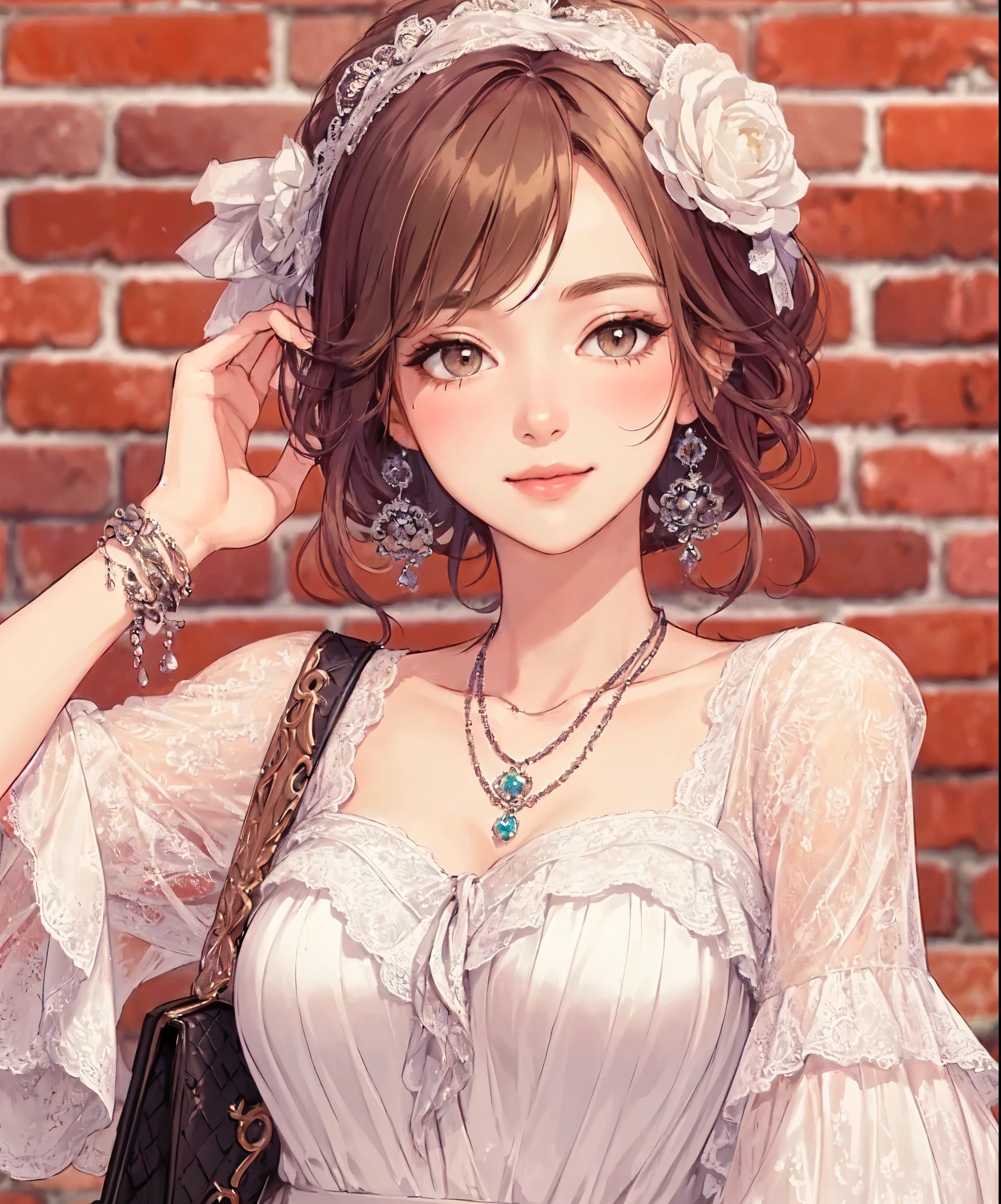 1lady standing, fashion model, (stylish outfit), (chic attire), (white lace:1.1), mature female, /(light brown hair/) bangs, hair ornament, blush kind smile, (masterpiece best quality:1.2) delicate illustration ultra-detailed, large breasts BREAK (red bricks wall) outdoors, detailed background