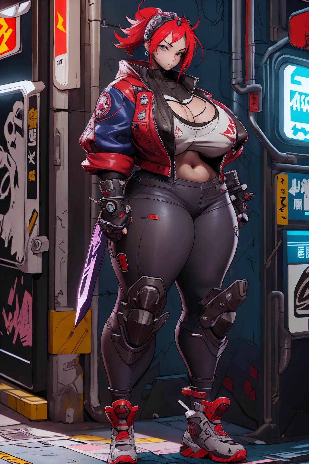 a girl Wearing a power fist on the right hand Holding a cyberpunk sword in his right hand red blue punk head big breasts cyberpunk shirt jacket Standing alone in a corner of the sci-fi city Japanese anime style role conception