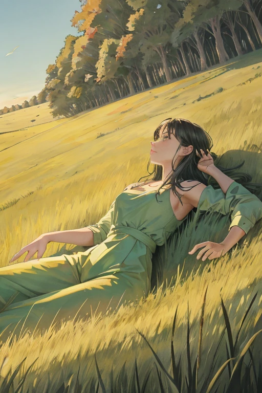 lying on a meadow of dense (very tall grass)