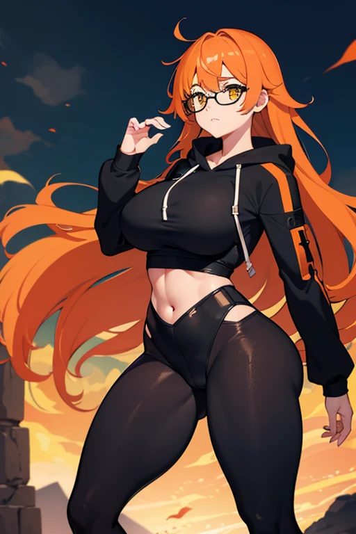 masterpiece、top-quality、Movie stills、1 female、Orange hair、Colossal 、Huge ass、Fitting black leggings suit、yellow eyes、thick thighs、Long wavy hair、wide hips、Thigh muscles、Strong thighs、White hoodie 、(Spark:0.7)、eye glass