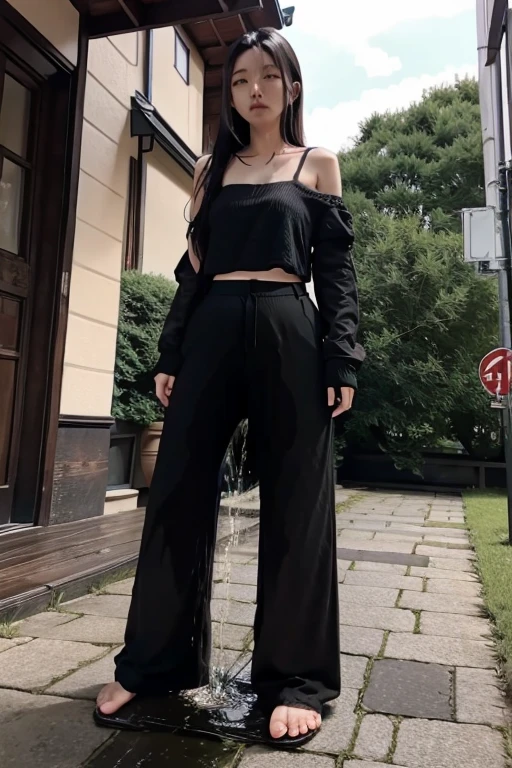 Japanese Girl sees the ghost and pees her black palazzo pants until her pants are wet in fright.