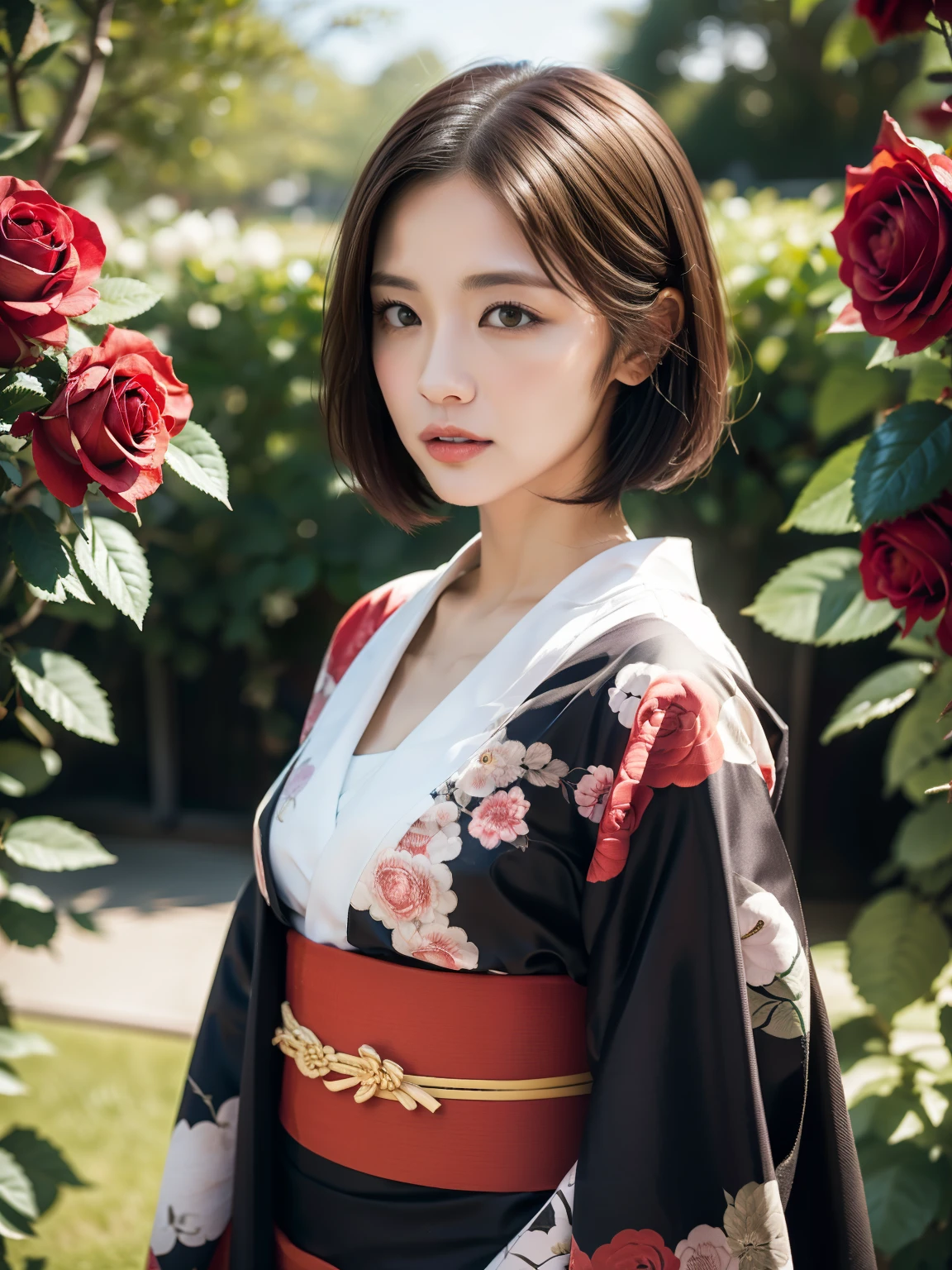 (Japanese kimono made from real roses, Lots of roses), modern art, Intricate Design, highest quality, 8k, masterpiece: 1.3, Clear focus: 1.2、Short Hair、Japanese women、actress、33 years old、Beautiful woman with perfect figure: 1.4, Highly detailed face and skin texture, Fine grain, Closed lips