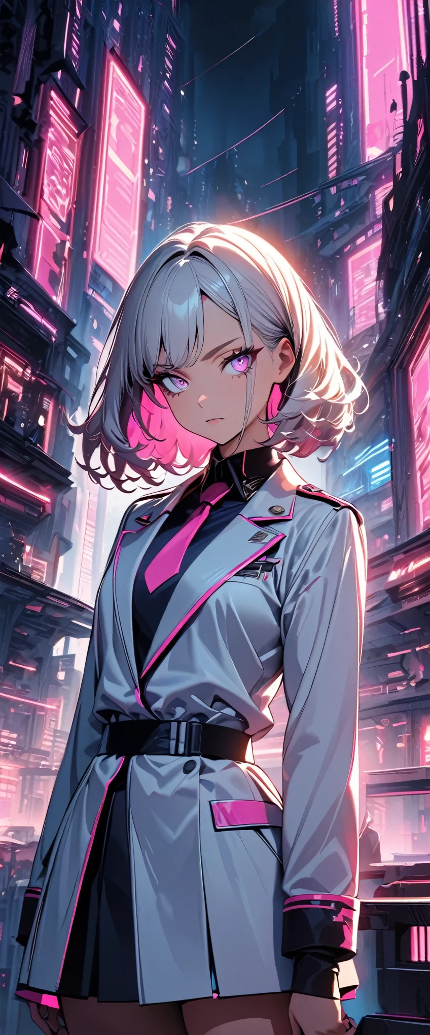 (highest quality:1.2, Very detailed, Latest, Vibrant, Ultra-high resolution, High Contrast, masterpiece:1.2, highest quality, Best aesthetics), (((1 girl))), Beautiful woman, Woman in a seductive pose, Beautiful young girl in white military uniform, Delicate facial features, Detailed eyes and face, Long eyelashes, Glamorous makeup, Serious expression, Standing in the center of a futuristic city, Neon lighting, Pink and yellow neon lighting, Intricate details, Cinematic lighting, Bright colors, Romantic colors, Dramatic atmosphere.