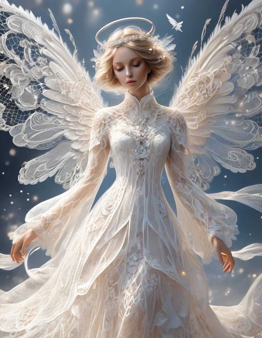 Lace Angel,Woven wings, hollow dreams,Lace texture angel shape,Divine Light,Hollow transparent wings,White lace dress