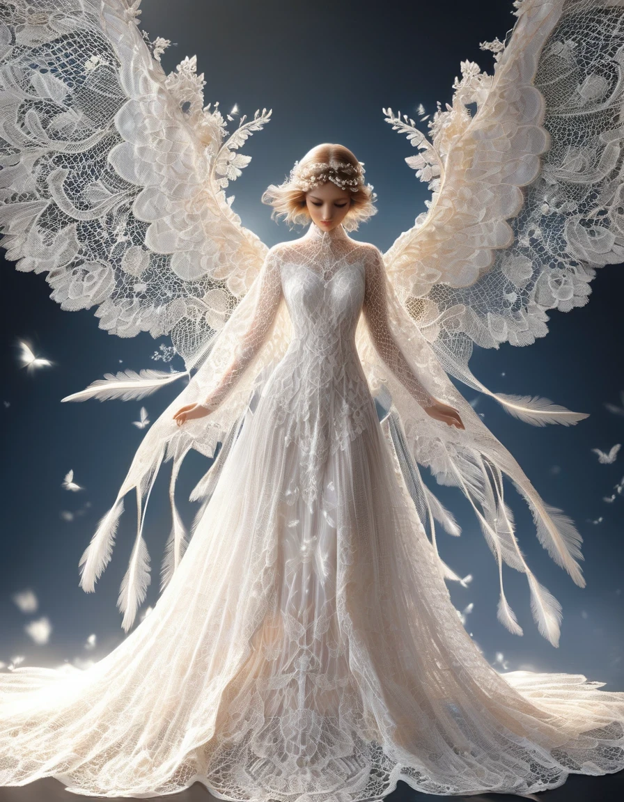 Lace Angel，Woven wings, hollow dreams，Lace texture angel shape，Divine Light，Hollow transparent wings，White lace dress