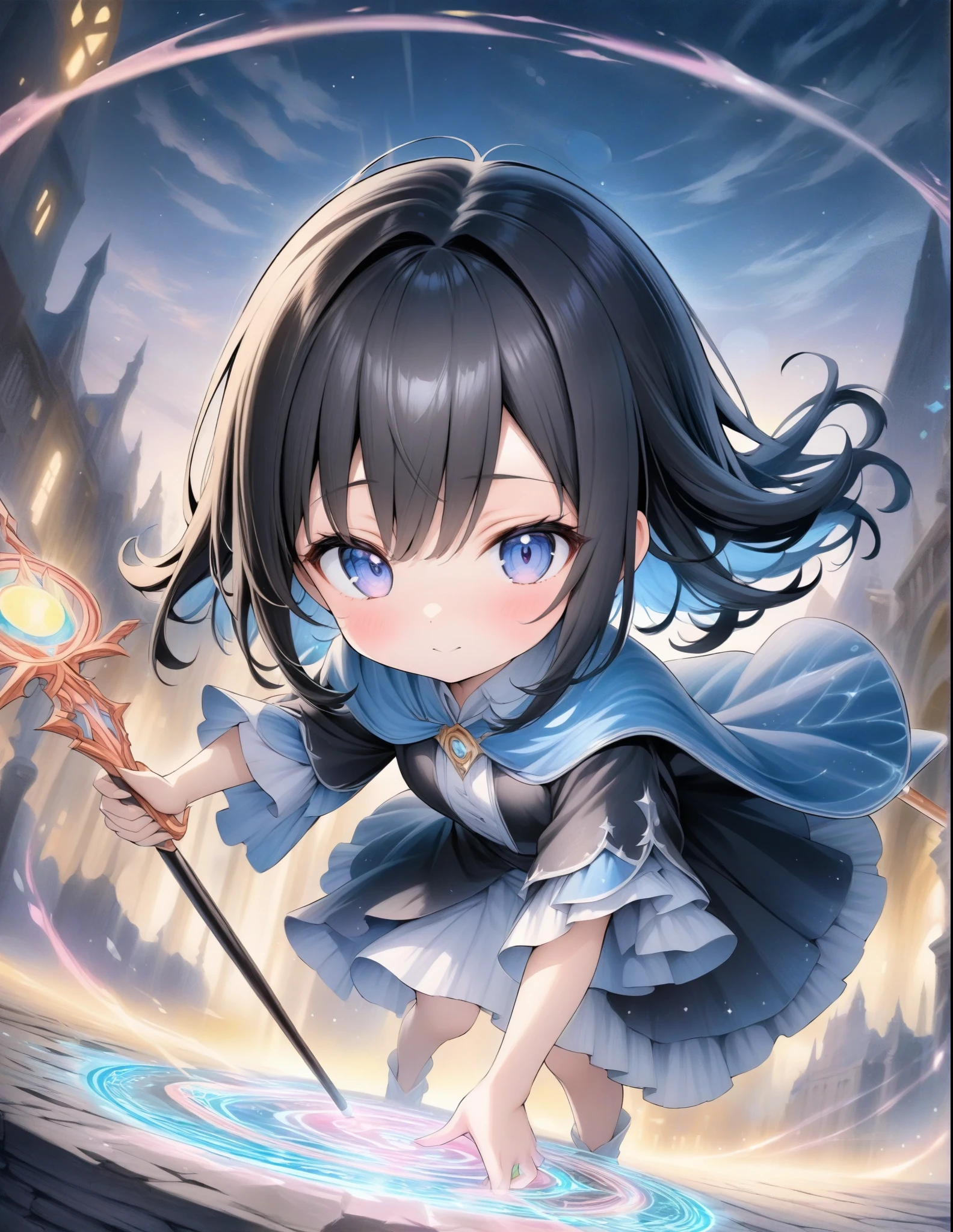 ((style:Colored pencil,pale colour)),(anime)、(masterpiece:1.2),atmospheric perspective,lens flare、Otherworldly fantasy、Wizard Girl、magic circle、Beautiful effects、cute、With a wand in one hand、Cast a spell in front、A magnificent work、((Magical effect))、(Light effects)、Black Hair、Slanted Eyes