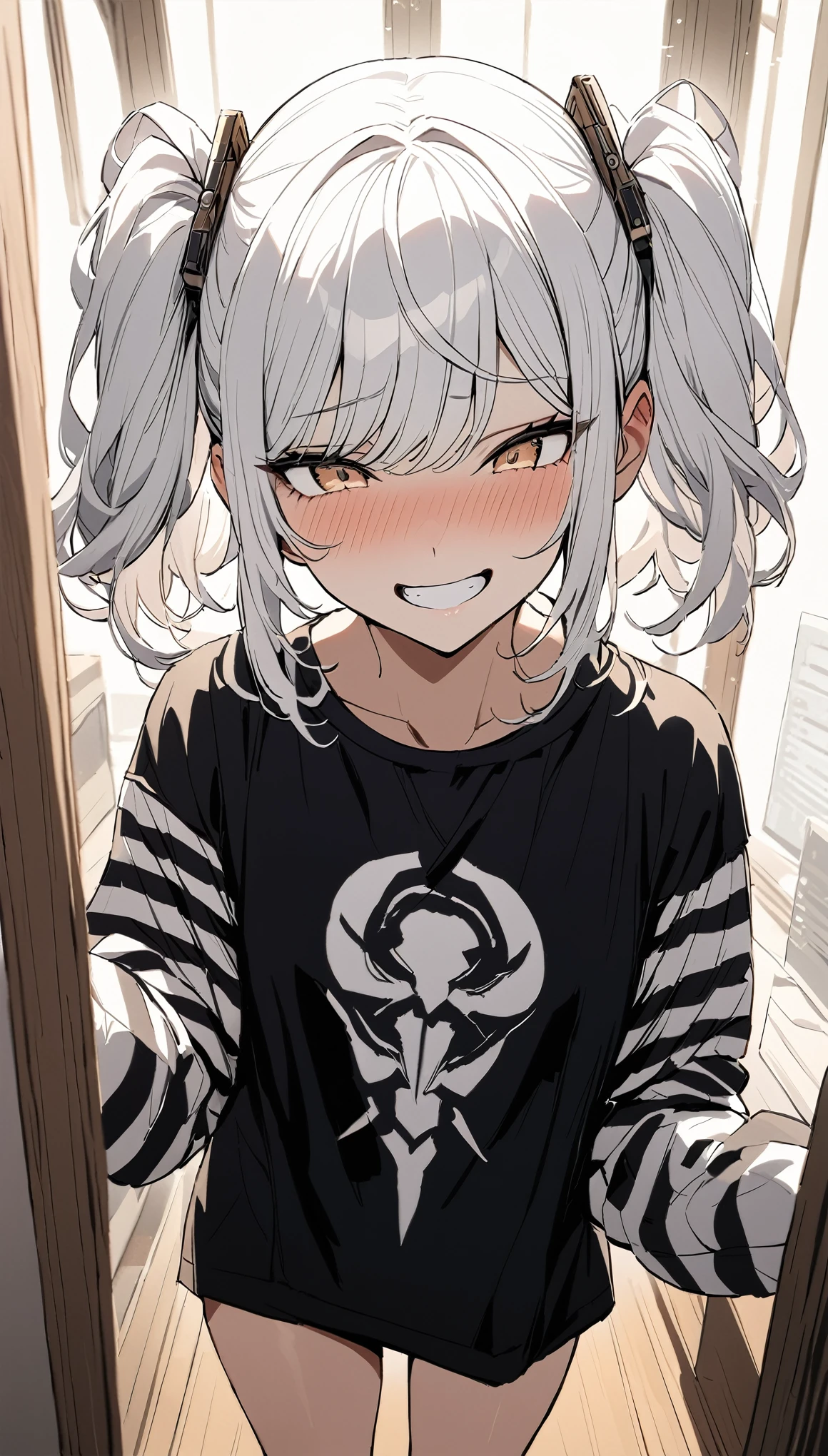 woman, Holopunk Style, perfect white hair, masterpiece, highest quality, indoor,shy, Grin, disheveled twintails, compensate, Are standing, Pause, blush, Black T-shirt, White striped sleeves