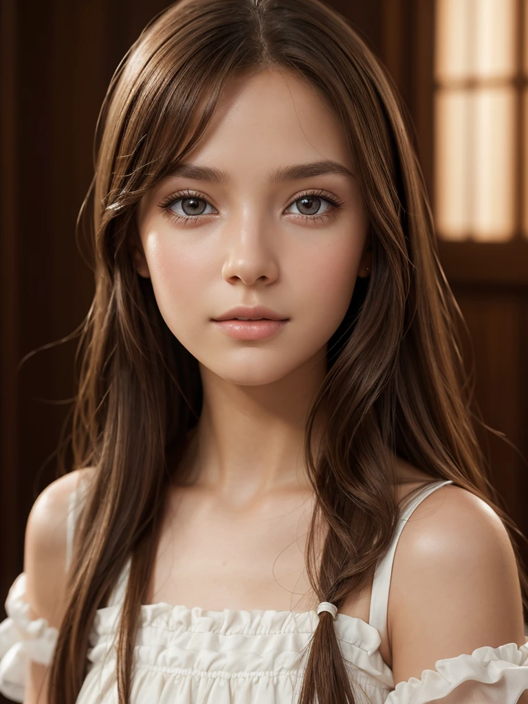 a detailed portrait of a young girl with long brown hair, fair skin, and light brown eyes, wearing a white princess dress, beautiful eyes, perfect eyes, full body image,  8k resolution, realistic human skin, photorealistic, highly detailed, masterpiece, studio lighting, physically-based rendering, sharp focus, vivid colors, extremely detailed face and eyes, long eyelashes, natural lighting, warm color palette